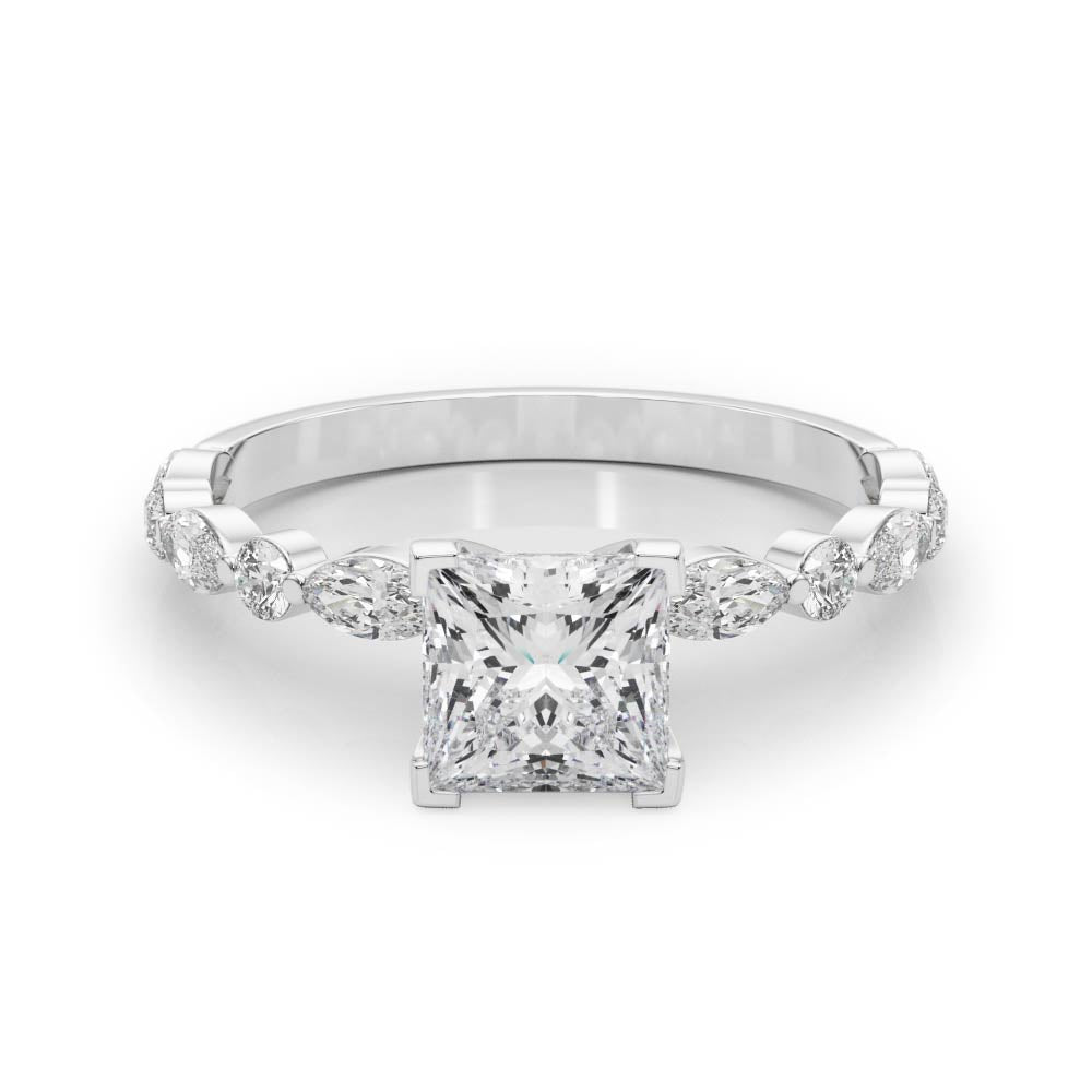 Silver Princess Solitaire with Side Stones on a Pavé Band and Four-Prong Setting