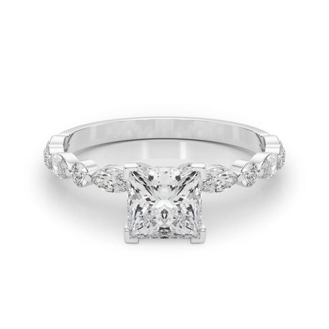Silver Princess Solitaire with Side Stones on a Pavé Band and Four-Prong Setting