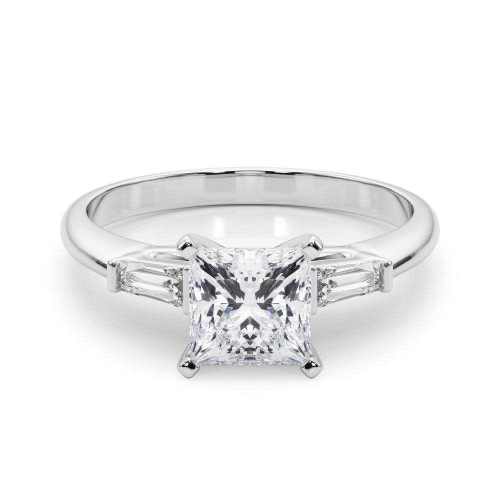 Silver Princess Solitaire with Tapered Baguette Side Stones on a Classic Band with Four-Prong Setting