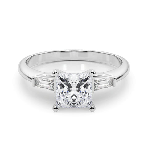 Silver Princess Solitaire with Tapered Baguette Side Stones on a Classic Band with Four-Prong Setting