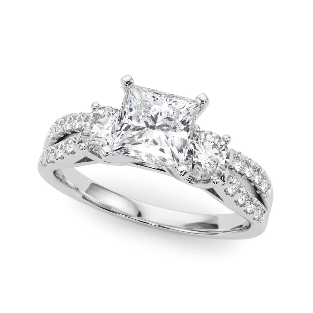 Silver Princess Three-Stone Diamond Ring with Pavé Split Shank and Four-Prong Setting 2