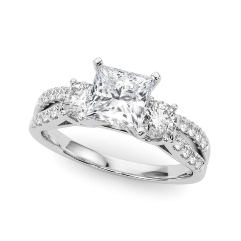 Silver Princess Three-Stone Diamond Ring with Pavé Split Shank and Four-Prong Setting 2