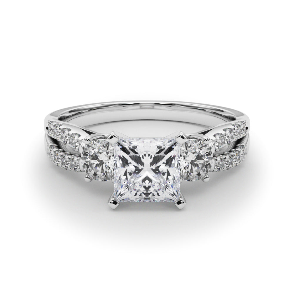 Silver Princess Three-Stone Diamond Ring with Pavé Split Shank and Four-Prong Setting