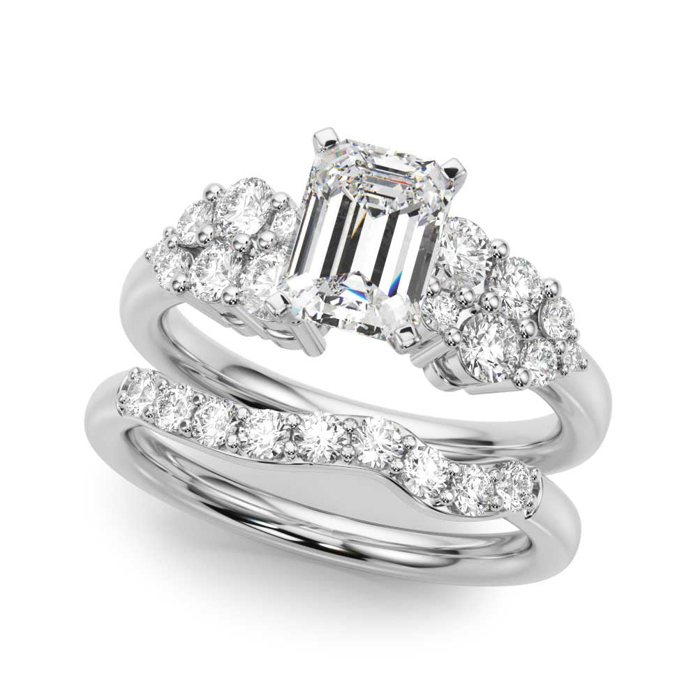 Silver Radiant Cluster Diamond Engagement Ring with Pavé Band and Four-Prong Setting