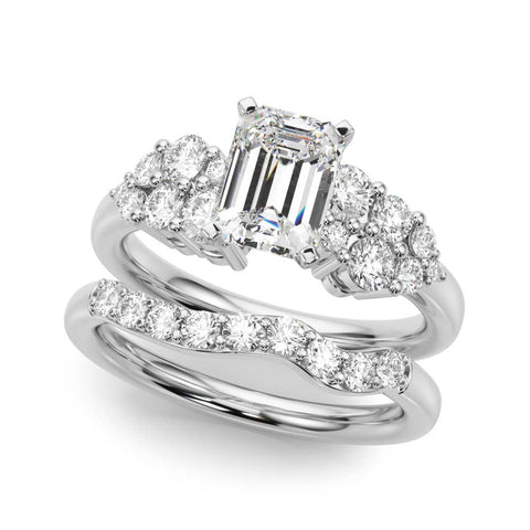 Silver Radiant Cluster Diamond Engagement Ring with Pavé Band and Four-Prong Setting
