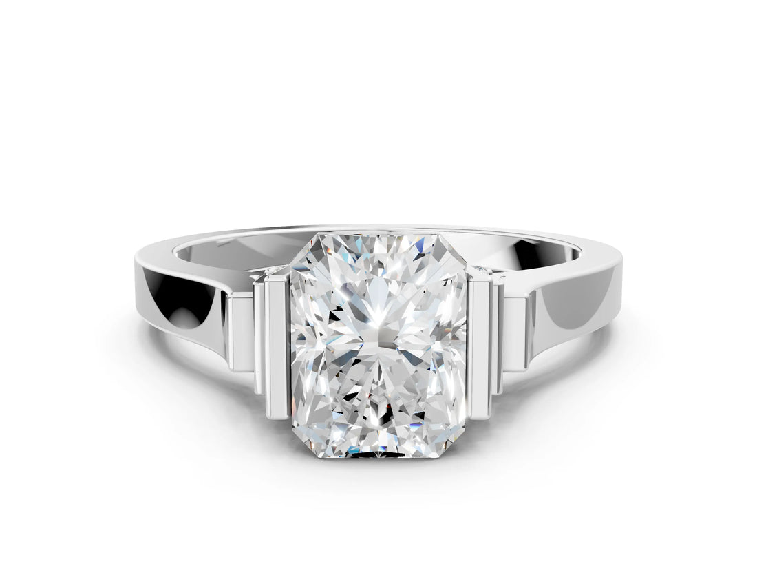 Silver Radiant Cut Brilliant Solitaire Diamond Ring with Channel Set Band and Bar Prong Setting_12