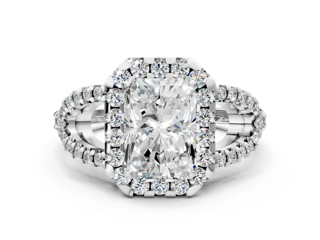 Silver Radiant Cut Cut Diamond Halo Engagement Ring with Open Split Pavé Band_13