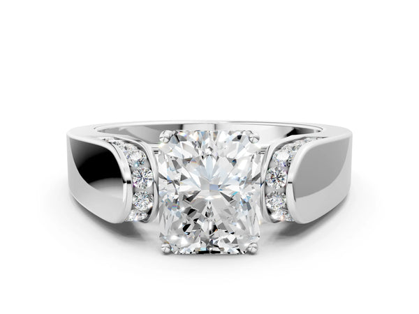 Sterling Silver Radiant Cut Channel Set Engagement Ring Setting with Accented Shoulders on Wide Band