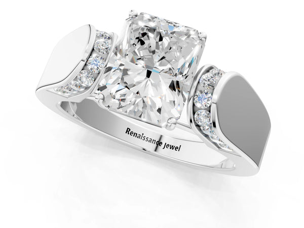 Sterling Silver Radiant Cut Channel Set Engagement Ring Setting with Accented Shoulders on Wide Band