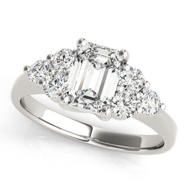 Silver Radiant Cut Diamond Cluster Ring with Round Accent Stones and Prong Setting on a Classic Band 1