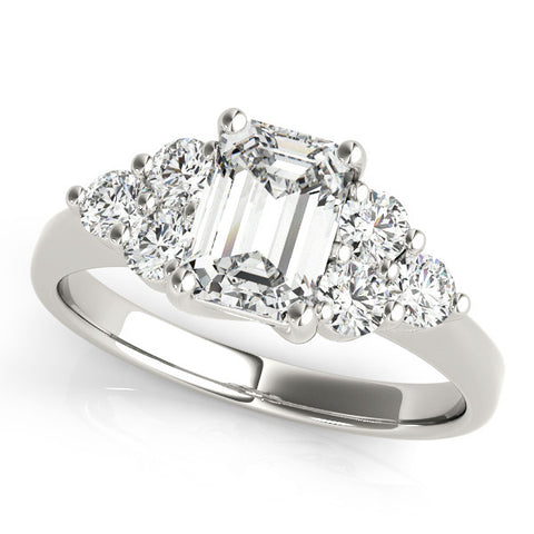 Silver Radiant Cut Diamond Cluster Ring with Round Accent Stones and Prong Setting on a Classic Band 1