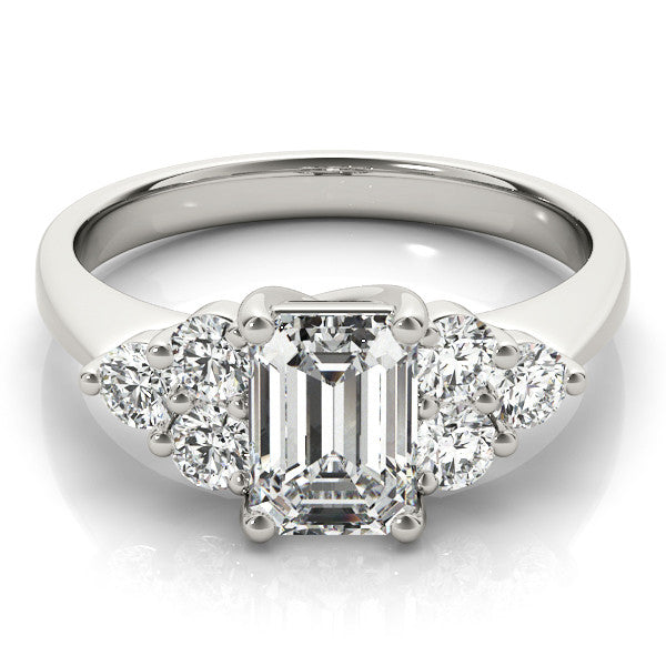 Silver Radiant Cut Diamond Cluster Ring with Round Accent Stones and Prong Setting on a Classic Band 2