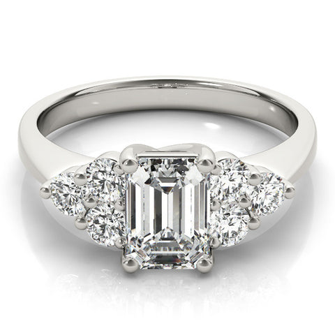 Silver Radiant Cut Diamond Cluster Ring with Round Accent Stones and Prong Setting on a Classic Band 2