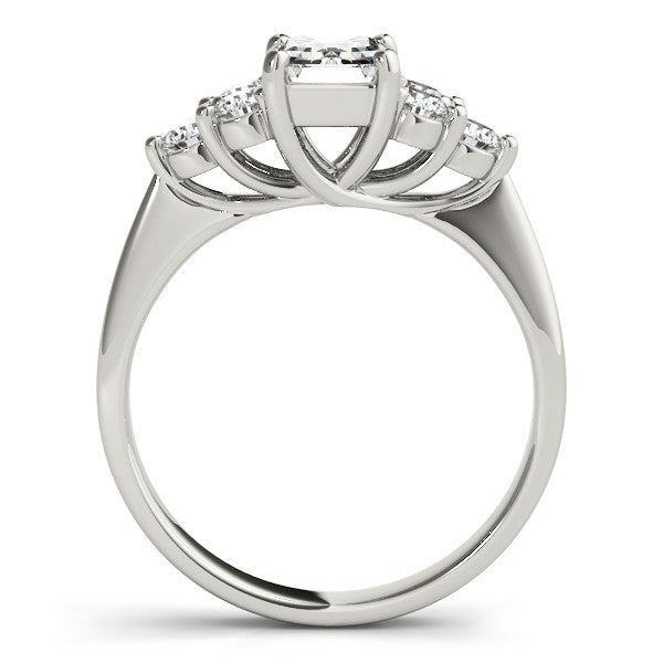 Silver Radiant Cut Diamond Cluster Ring with Round Accent Stones and Prong Setting on a Classic Band