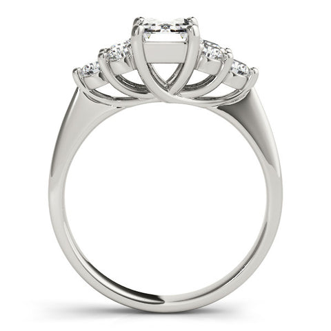 Silver Radiant Cut Diamond Cluster Ring with Round Accent Stones and Prong Setting on a Classic Band
