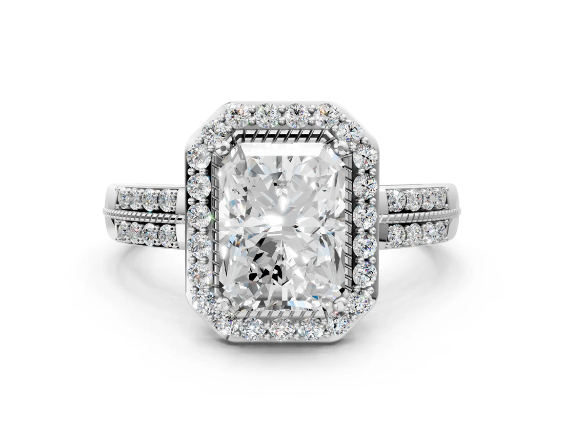 Silver Radiant Cut Diamond Double Halo Ring with Split Shank and Four-Prong Setting_7