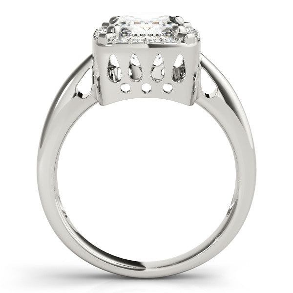 Silver Radiant Cut Diamond Halo Engagement Ring with Split Shank and Four-Prong Setting
