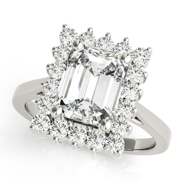 Silver Radiant Cut Diamond Halo Ring with Round Brilliant Halo and Solitaire Band 1