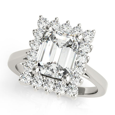 Silver Radiant Cut Diamond Halo Ring with Round Brilliant Halo and Solitaire Band 1