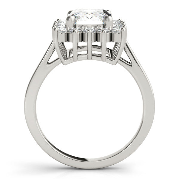 Silver Radiant Cut Diamond Halo Ring with Round Brilliant Halo and Solitaire Band