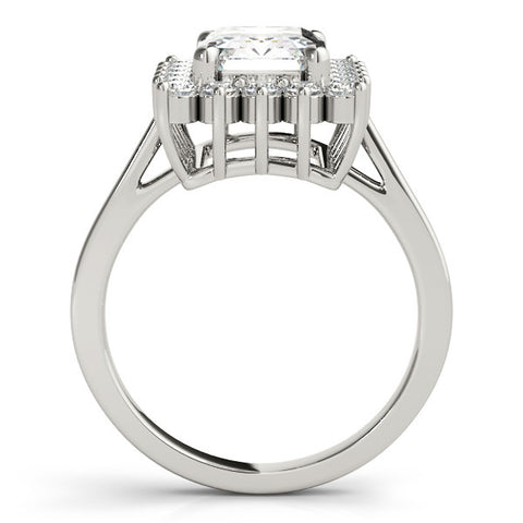 Silver Radiant Cut Diamond Halo Ring with Round Brilliant Halo and Solitaire Band
