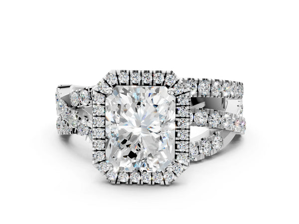 Sterling Silver Radiant Cut Halo Engagement Ring Setting with Twisted Pave Split Shank