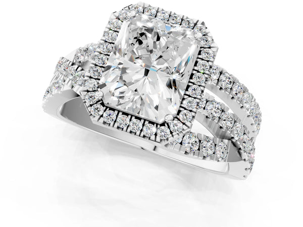 Sterling Silver Radiant Cut Halo Engagement Ring Setting with Twisted Pave Split Shank