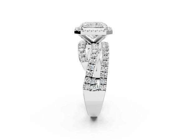 Sterling Silver Radiant Cut Halo Engagement Ring Setting with Twisted Pave Split Shank