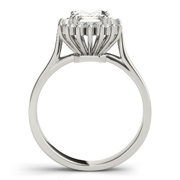 Silver Radiant Cut Diamond Halo Ring with Solitaire Band and Prong Setting