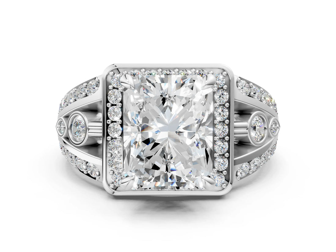 Silver Radiant Cut Diamond Halo Ring with Split Shank and Bezel Accents and Four-Prong Setting_13