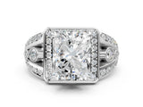 Silver Radiant Cut Diamond Halo Ring with Split Shank and Bezel Accents and Four-Prong Setting_13