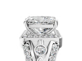 Silver Radiant Cut Diamond Halo Ring with Split Shank and Bezel Accents and Four-Prong Setting_18