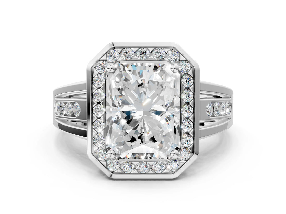 Silver Radiant Cut Diamond Halo Ring with Split Shank and Bezel Accents and Prong Setting_13