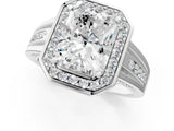 Silver Radiant Cut Diamond Halo Ring with Split Shank and Bezel Accents and Prong Setting_14