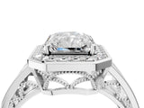 Silver Radiant Cut Diamond Halo Ring with Split Shank and Bezel Accents and Prong Setting_17