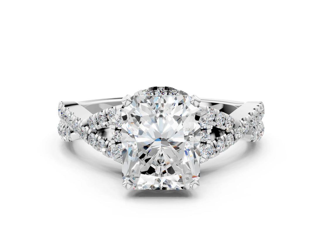Silver Radiant Cut Diamond  Halo Twist Band Solitaire Prong Setting Ring_24