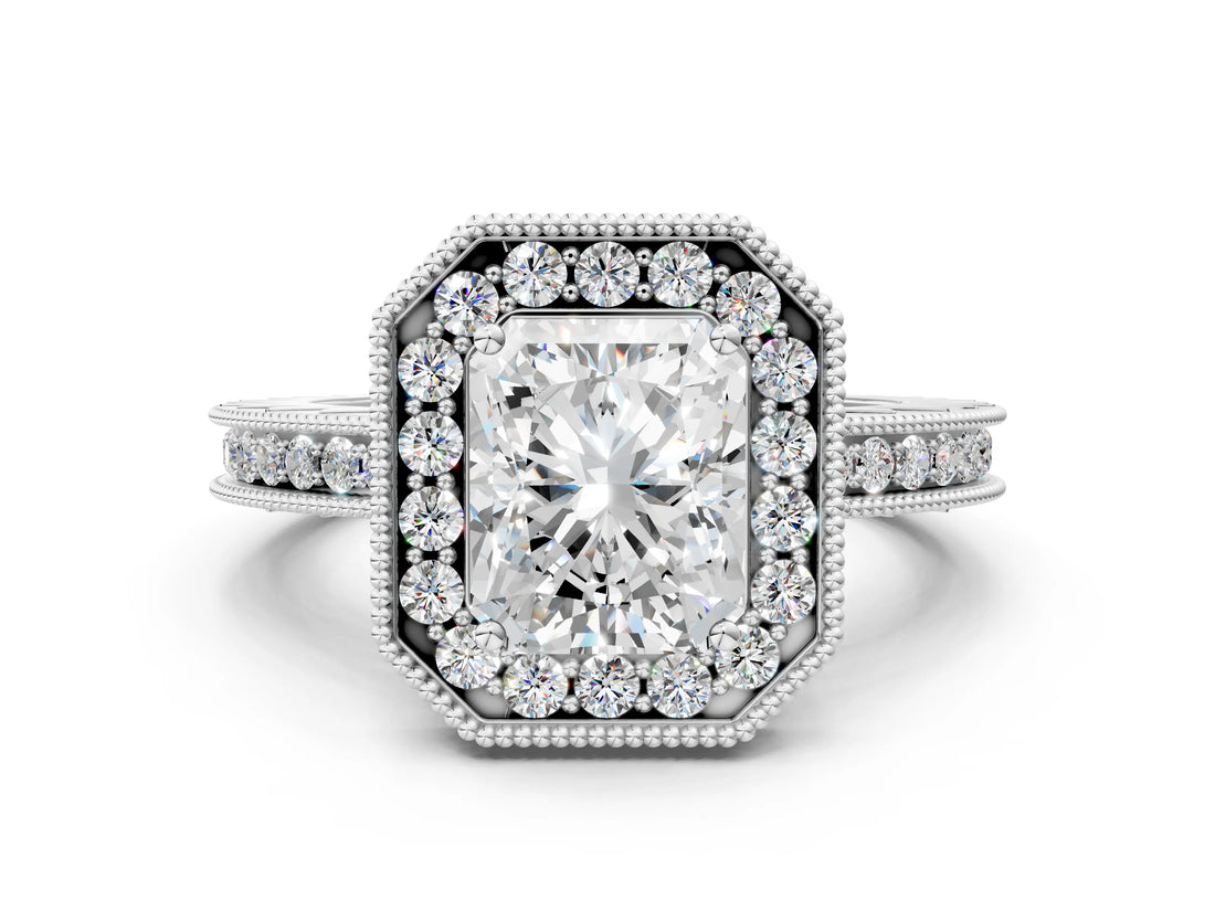 Silver Radiant Cut Diamond Milgrain Halo Engagement Ring with Round Pavé Band and Prong Setting_12