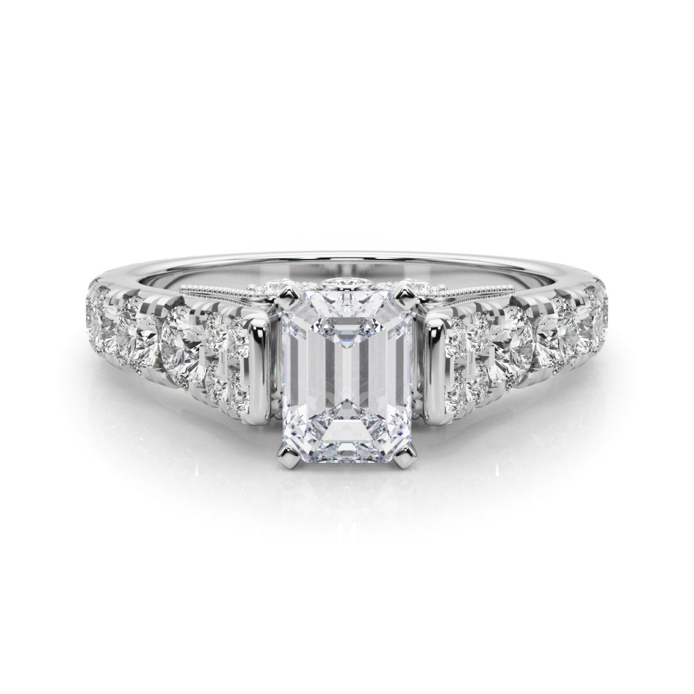 Silver Radiant Cut Diamond Pavé Band Solitaire with Four-Prong Setting