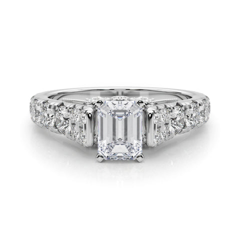 Silver Radiant Cut Diamond Pavé Band Solitaire with Four-Prong Setting