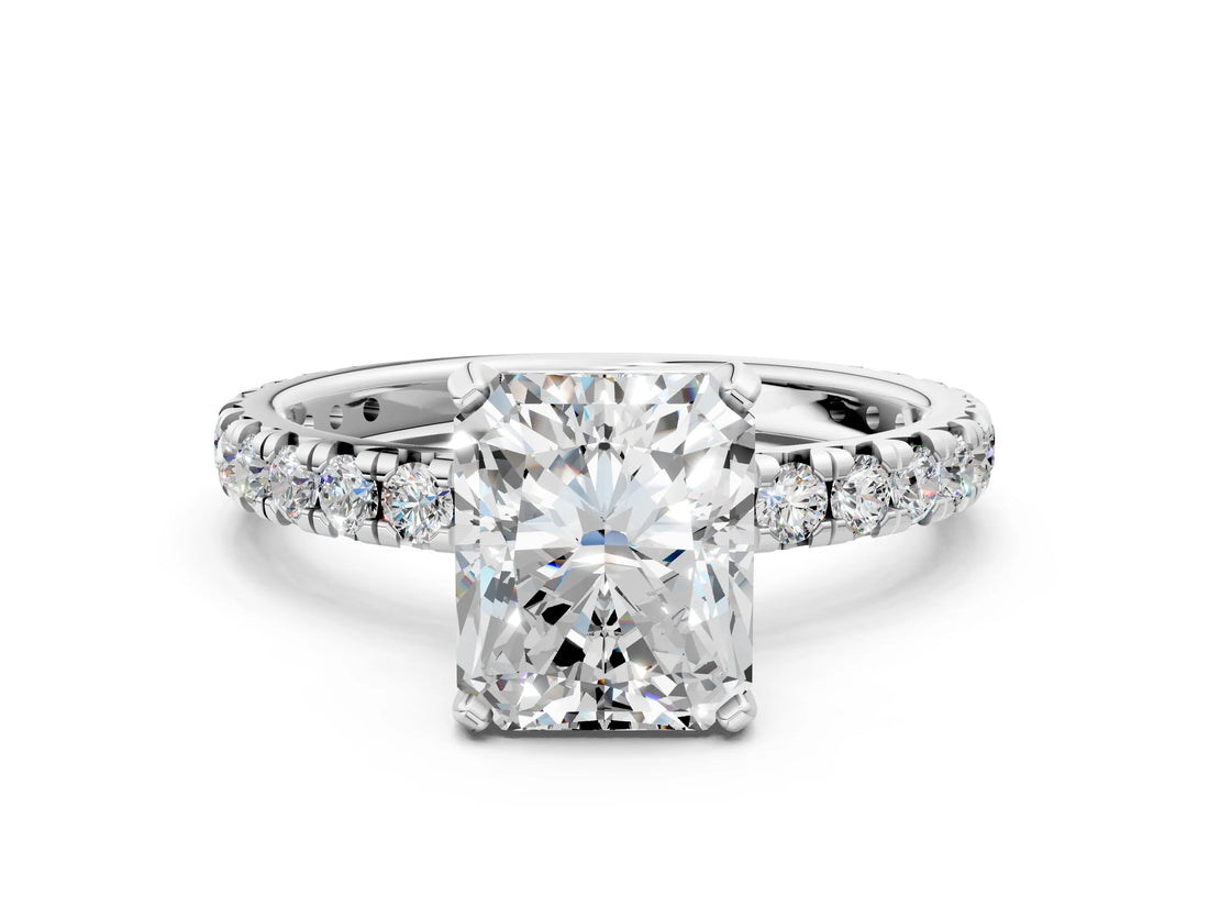 Silver Radiant Cut Diamond Pavé Solitaire Ring with Round Band and Prong Setting_12