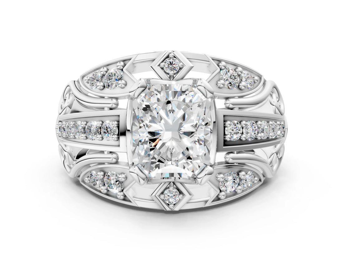 Silver Radiant Cut Diamond Pave Art Deco Split Shank Ring with Four-Prong Setting_13