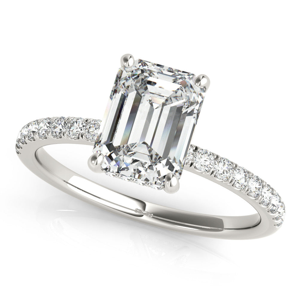 18K White Gold 5.04 Carat E VVS2 Emerald Cut Diamond Pave Band Solitaire Ring with Four-Prong Setting