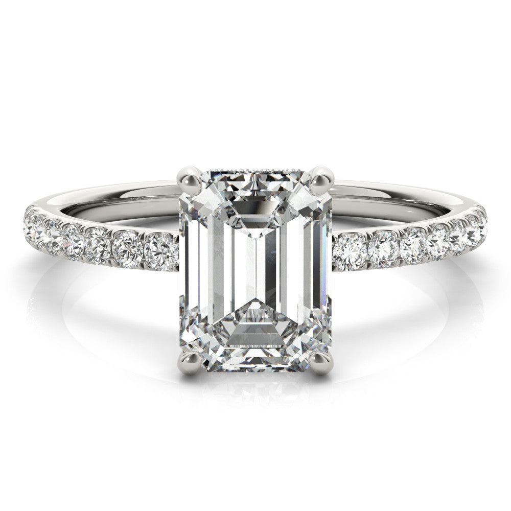 Silver Radiant Cut Diamond Pave Band Solitaire Ring with Four-Prong Setting