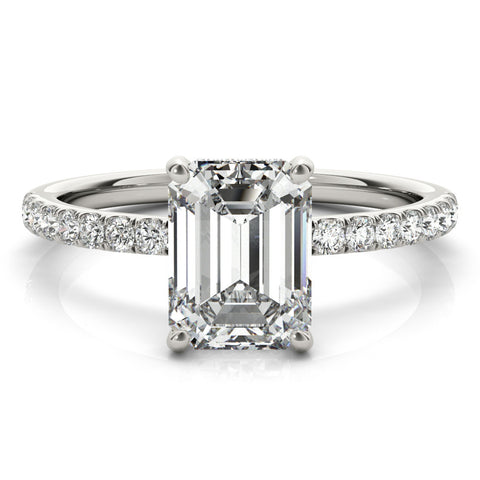 Silver Radiant Cut Diamond Pave Band Solitaire Ring with Four-Prong Setting