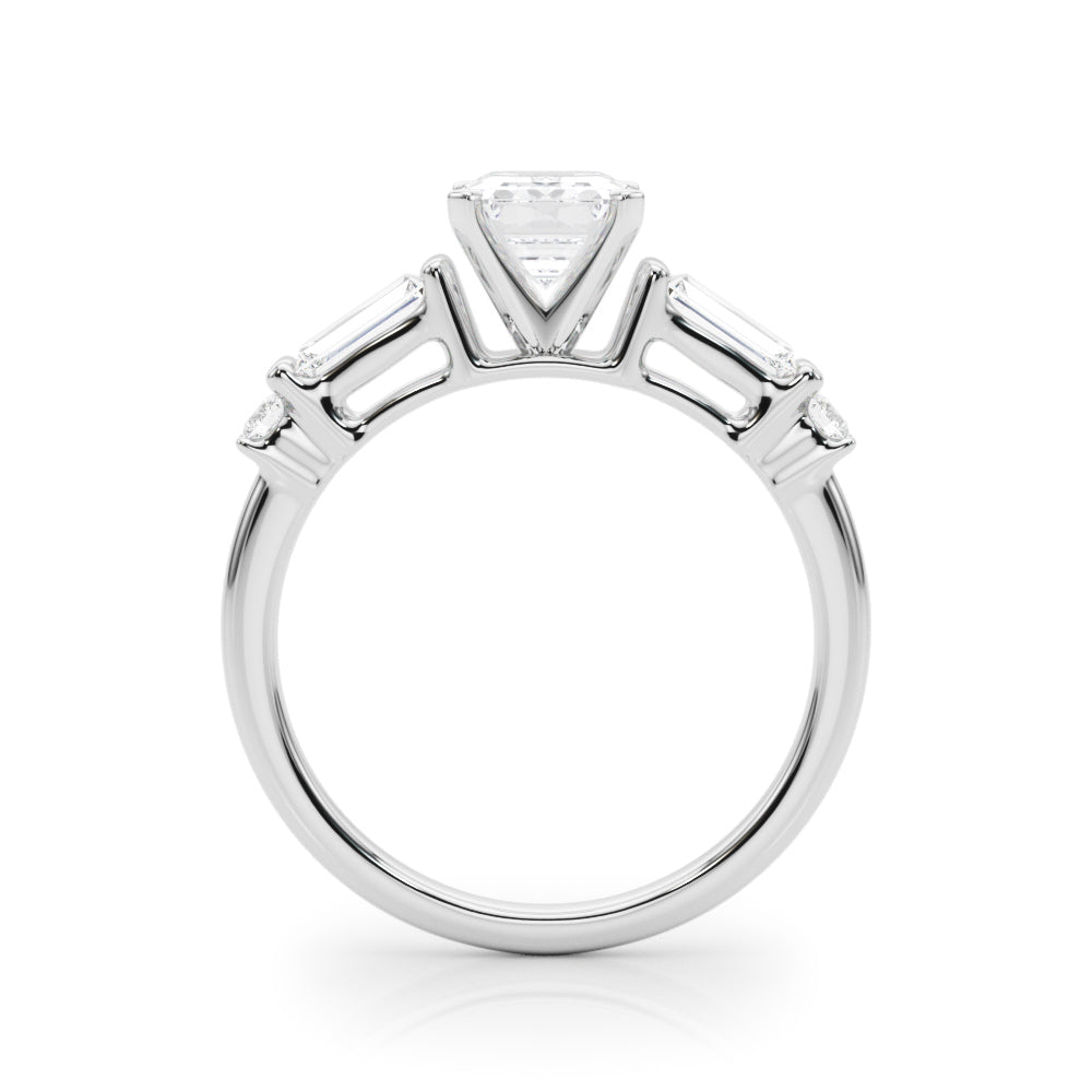 Silver Radiant Cut Diamond Ring with Baguette Side Stones, Channel Set Band, and Four-Prong Setting 1