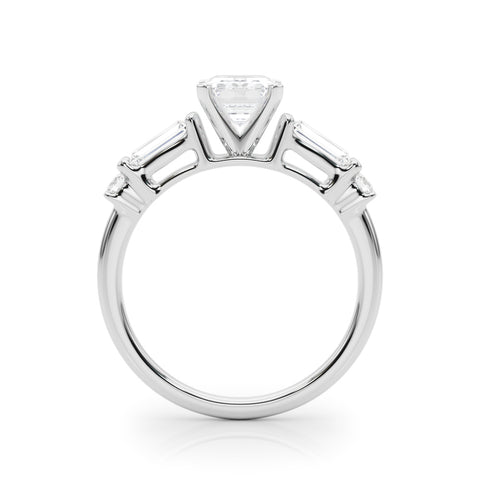 Silver Radiant Cut Diamond Ring with Baguette Side Stones, Channel Set Band, and Four-Prong Setting 1
