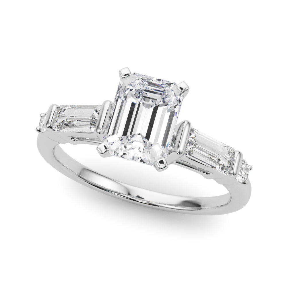 Silver Radiant Cut Diamond Ring with Baguette Side Stones, Channel Set Band, and Four-Prong Setting 2