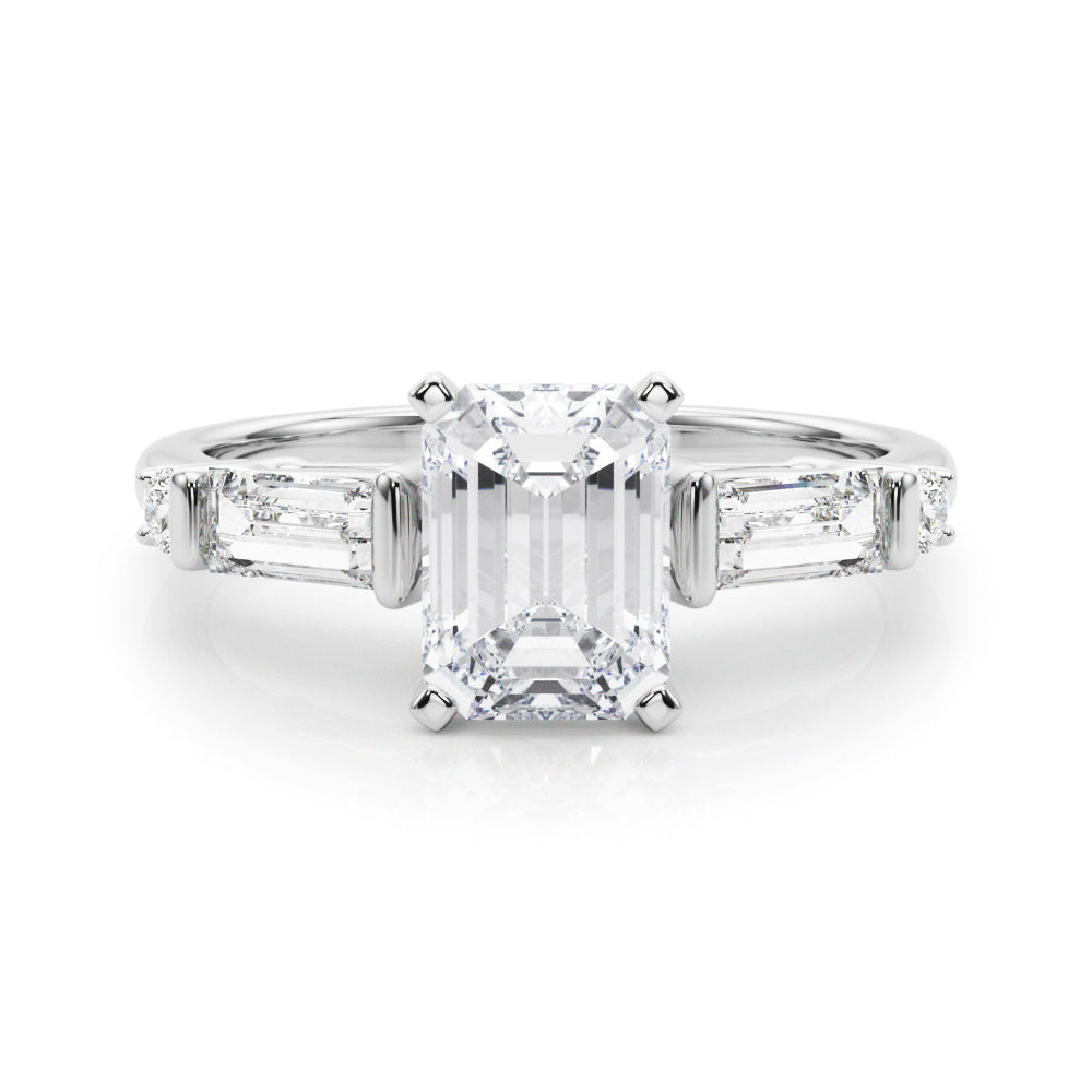 Silver Radiant Cut Diamond Ring with Baguette Side Stones, Channel Set Band, and Four-Prong Setting