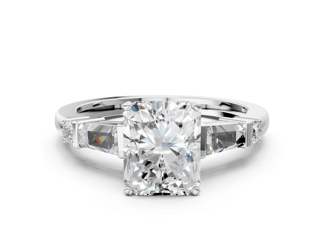Silver Radiant Cut Diamond Ring with Baguette Side Stones, Channel Set Band, and Four-Prong Setting_13