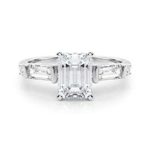 Silver Radiant Cut Diamond Ring with Baguette Side Stones, Channel Set Band, and Four-Prong Setting